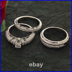 3Ct Cz Diamond Solitaire Vintage Trio Ring Set Matching Band 925 Silver Size 10