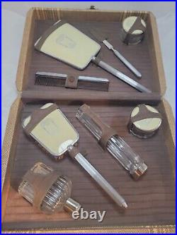Art Deco Vintage 8-Piece Matching Vanity Grooming Set Cream & Silver 1930 case