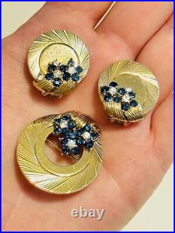 Boucher VTG Matching Set Earrings Clip On Pin Gold Blue Rhinestone Rare Designer