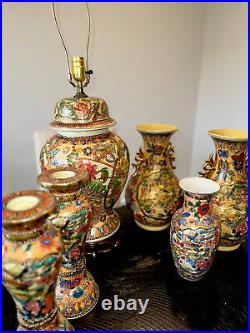 Hand Painted Oriental Vintage Set Of 6 W. Ginger Lamp & Matching Set (Lamp Works)