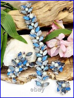 Kramer Signed Matching Set Brooch Bracelet Earrings Jewelry Parure Vintage Blue