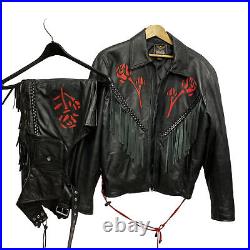 Leather Biker Riding Jacket Coat Fringe Vintage Chaps Rose Cut Out Matching Set