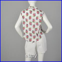 M 1960s White Short Set Floral Novelty Print Matching Top Summer Outfit 60s VTG