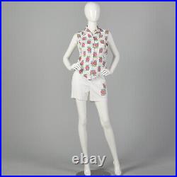 M 1960s White Short Set Floral Novelty Print Matching Top Summer Outfit 60s VTG