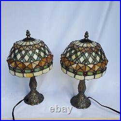 Matching Set Pair Of Vintage Small Tiffany Style Table Lamps 14 Stain Glass