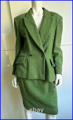 Moschino Vintage Blazer Skirt Suit Matching Set Green Wool Buttons IT 44 S M
