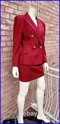 Moschino Vintage Blazer Skirt Suit Matching Set Red Wool Gold Buttons IT 44 S M