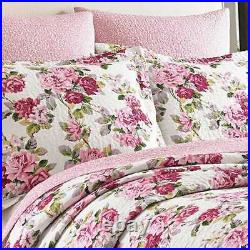New! Cozy Romantic Rose Flower Pink Red Green Leaf Lilac Shabby Quilt Set