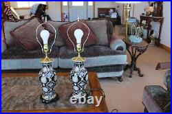 Oriental JCP Black Porcelain Medallion Matching Set Of 2 Vintage Table Lamps