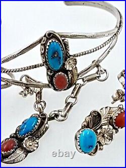 Set Vintage Turquoise and Coral slave Bangle with ring and matching Earrings