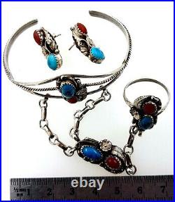 Set Vintage Turquoise and Coral slave Bangle with ring and matching Earrings