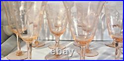 Set of 12 Matching Vintage Etched Pink Depression Wine Glasses Stems Floral