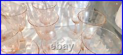 Set of 12 Matching Vintage Etched Pink Depression Wine Glasses Stems Floral