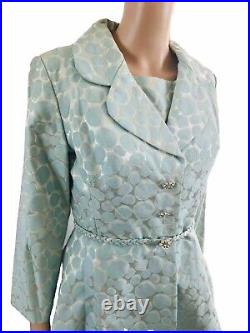 VTG 1960s Pale Blue Brocade Dress Matching Coat Elinor Gay Original 2pc Set USA