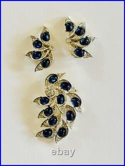 VTG Kramer Signed Brooch Earrings Matching Set Floral Rhinestone Glass Cabochon