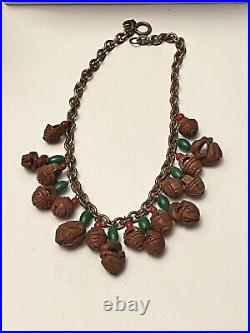 VTG matching Set Necklace Bracelet Charm Dangle Celluloid Wood Carved Nut Beaded