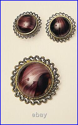 VTG west Germany Pin Brooch matching set earrings porphyry purple glass cabochon