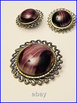 VTG west Germany Pin Brooch matching set earrings porphyry purple glass cabochon
