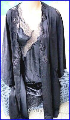 Victorias Secret Rare Vintage Satin 2 Pc Set L Robe Chemise nightgown black