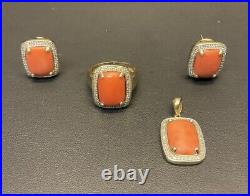 Vintage 14k Gold Coral & Diamond Halo Matching Set Ring, Earrings, & Pendant
