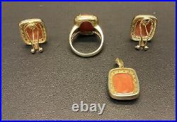 Vintage 14k Gold Coral & Diamond Halo Matching Set Ring, Earrings, & Pendant