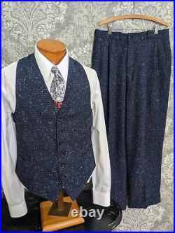 Vintage 1950s men's matching blue wool waistcoat and pants set