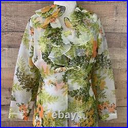 Vintage 1970s Floral Maxi Sleeveless Dress Matching Ruffled Jacket Set Boho M/L