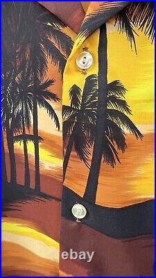 Vintage 60s Hawaiian Cabana Set Matching Shirt Shorts Sunset Surf Palm Tree Tiki