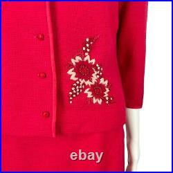 Vintage 60s Sweater Set Women's Extra Small Red Wool Cardigan Top Skirt Matching