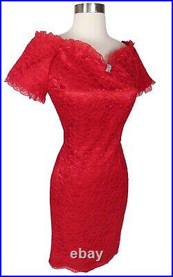 Vintage 80s 90s Red Lace Cocktail Party Prom Dress S M Jacket Matching Set Glam
