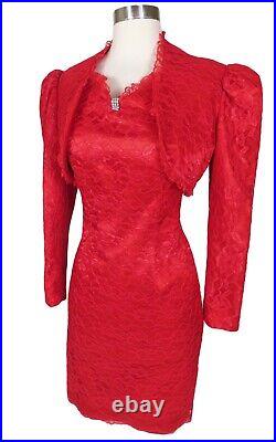 Vintage 80s 90s Red Lace Cocktail Party Prom Dress S M Jacket Matching Set Glam