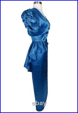 Vintage 80s Blue Satin Peplum Sheath Maxi Dress Bolero Jacket Matching Set M
