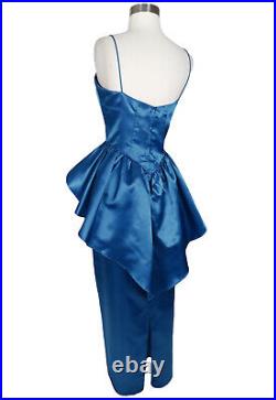 Vintage 80s Blue Satin Peplum Sheath Maxi Dress Bolero Jacket Matching Set M