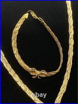 Vintage 925 Sterling Silver Gold Plated Bow Necklace & Bracelet Matching Set