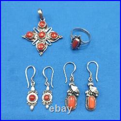 Vintage 925 Sterling Silver Matching Set Pendant Ring 2× Earrings