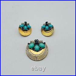 Vintage BOUCHER Gold Plated Blue Glass Brooch & Matching Earrings Set SIGNED