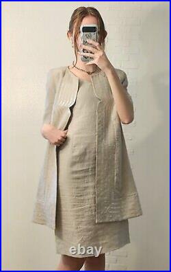 Vintage Basile Beige Gray Linen Matching Coat Dress Set Formal Mother In Law