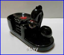Vintage Black Cat Ashtray Set 4 Double Holder Trays Match Vase Japan 40-50s