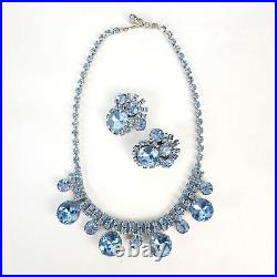 Vintage Blue Faceted Glass Rhinestone Necklace & Matching Clip-On Earring Set