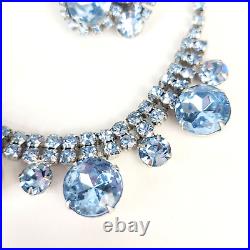 Vintage Blue Faceted Glass Rhinestone Necklace & Matching Clip-On Earring Set