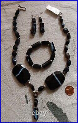 Vintage Bold Banded Black Agate Necklace & Matching Earrings & Bracelet Set Lot