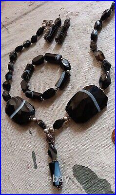 Vintage Bold Banded Black Agate Necklace & Matching Earrings & Bracelet Set Lot