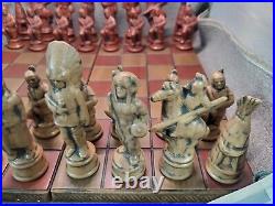 Vintage Ceramic Native American Indian 2 Tribes Chess Set WithMatching CHESS BOARD