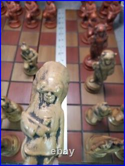 Vintage Ceramic Native American Indian 2 Tribes Chess Set WithMatching CHESS BOARD