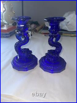 Vintage Cobalt Blue Serpent Candlestick Matching Set, Koi
