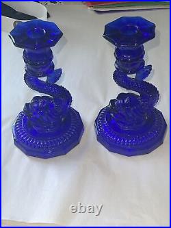 Vintage Cobalt Blue Serpent Candlestick Matching Set, Koi