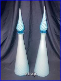 Vintage Empoli Glass Blue White Encased Bottle Genie Stopper Matching Set 18