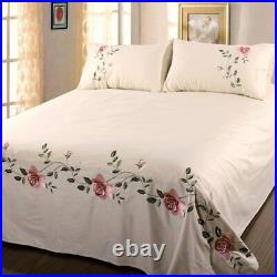 Vintage Flowers Embroidered White Pink Grey Duvet Cover Bed Twin Full Queen King