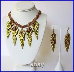 Vintage Jewelry Set Brass Leaf Necklace With Cameos & Matching Earrings/Boho/