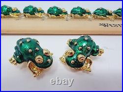 Vintage Kenneth J Lane KJL Enamel Frog Bracelet & Matching Clip Earrings Set EUC